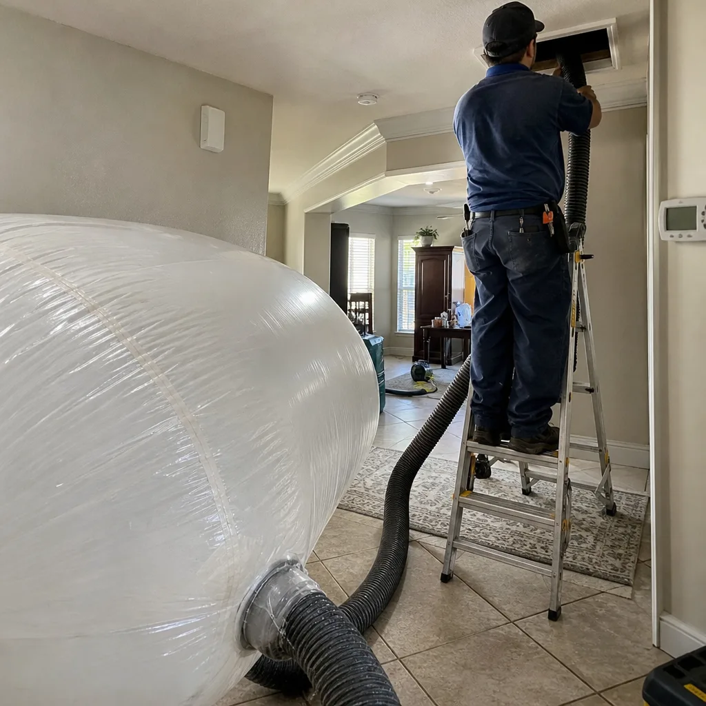 Professional technician performing residential air duct cleaning services.