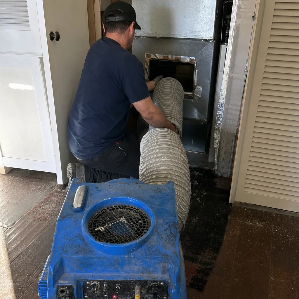 Technician performing professional residential air duct cleaning with industrial vacuum equipment