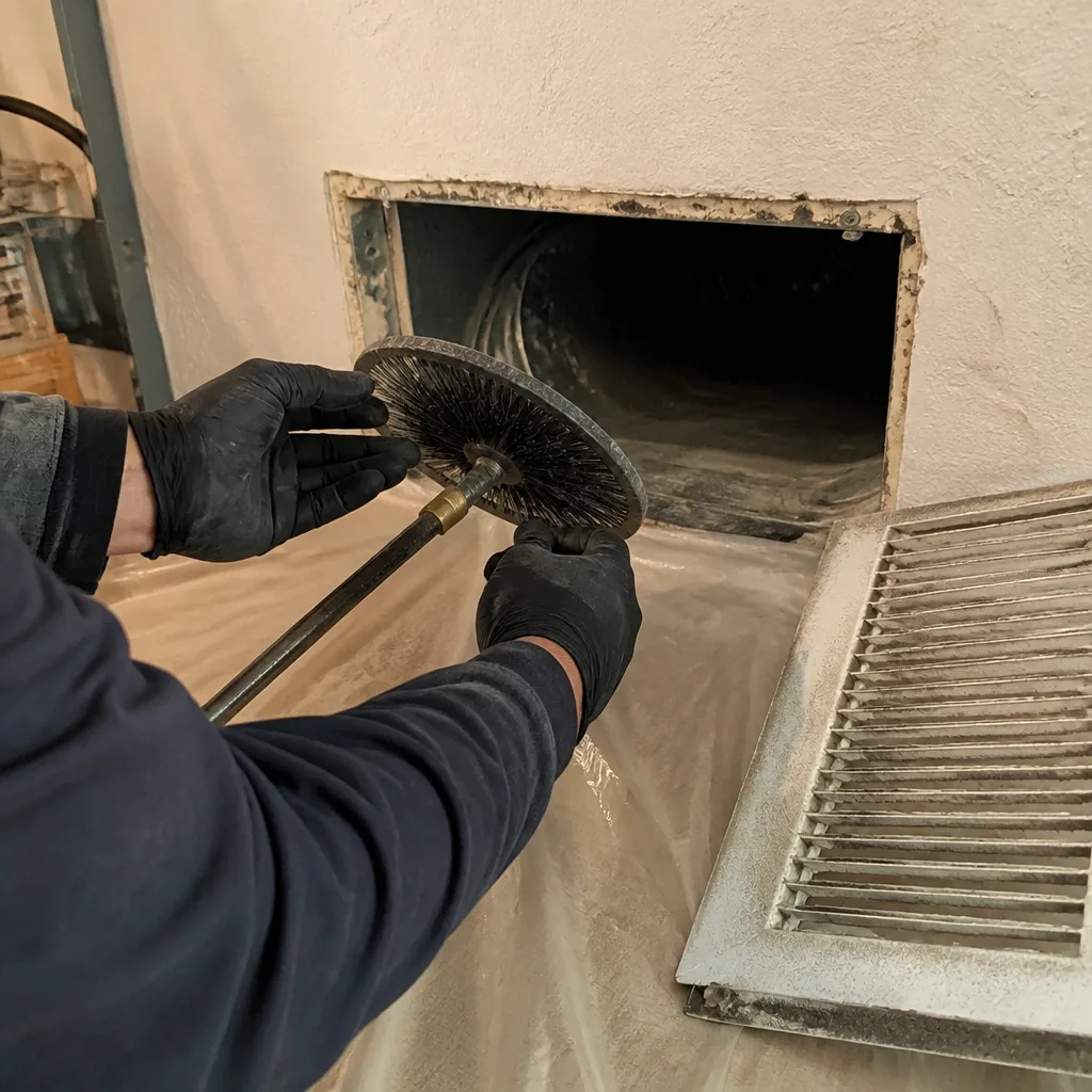Professional technician performing air duct cleaning with a rotary brush tool.