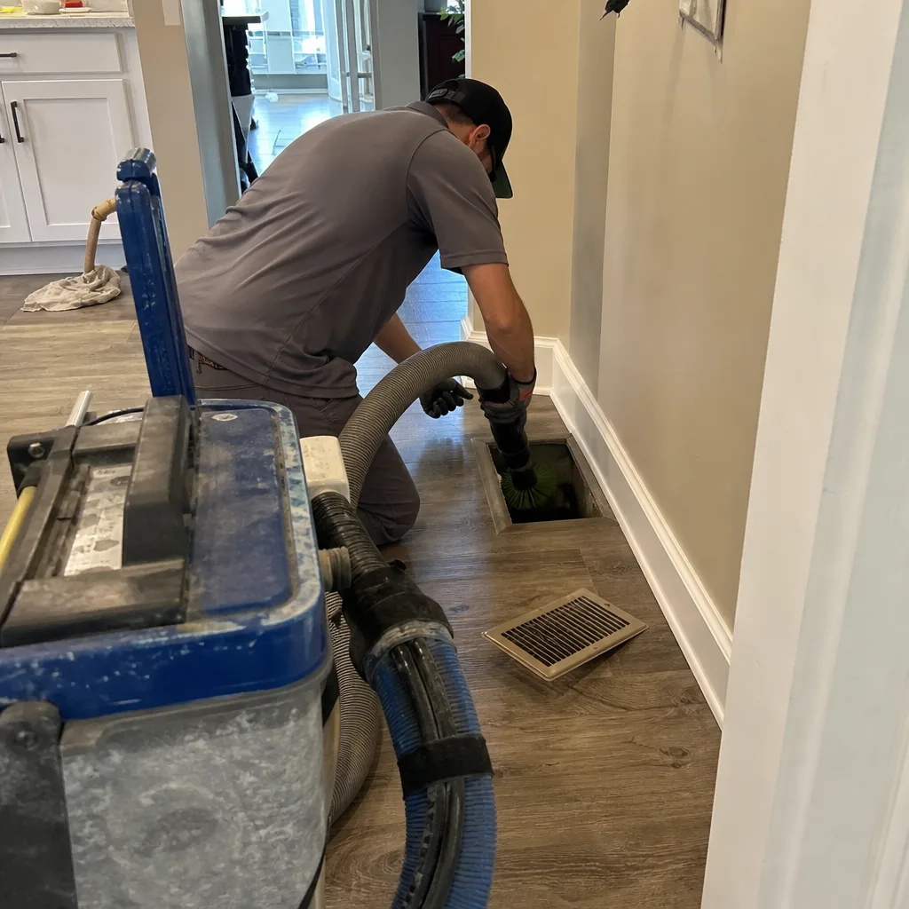Professional technician performing residential air duct cleaning and vent maintenance.